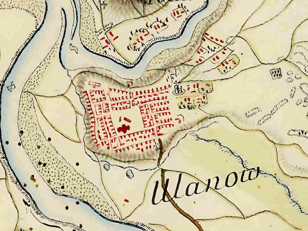 Fragment historycznej mapy józefińskiej przedstawiający Ulanów z końca XVIII wieku. Widoczny jest układ miasta, zabudowa oraz rzeki otaczające miejscowość.