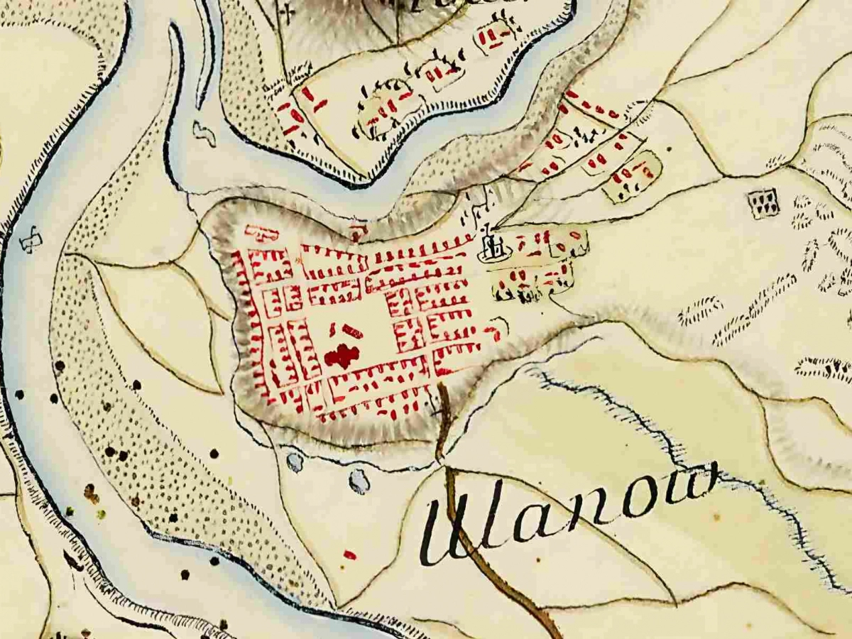 Fragment historycznej mapy józefińskiej przedstawiający Ulanów z końca XVIII wieku. Widoczny jest układ miasta, zabudowa oraz rzeki otaczające miejscowość.
