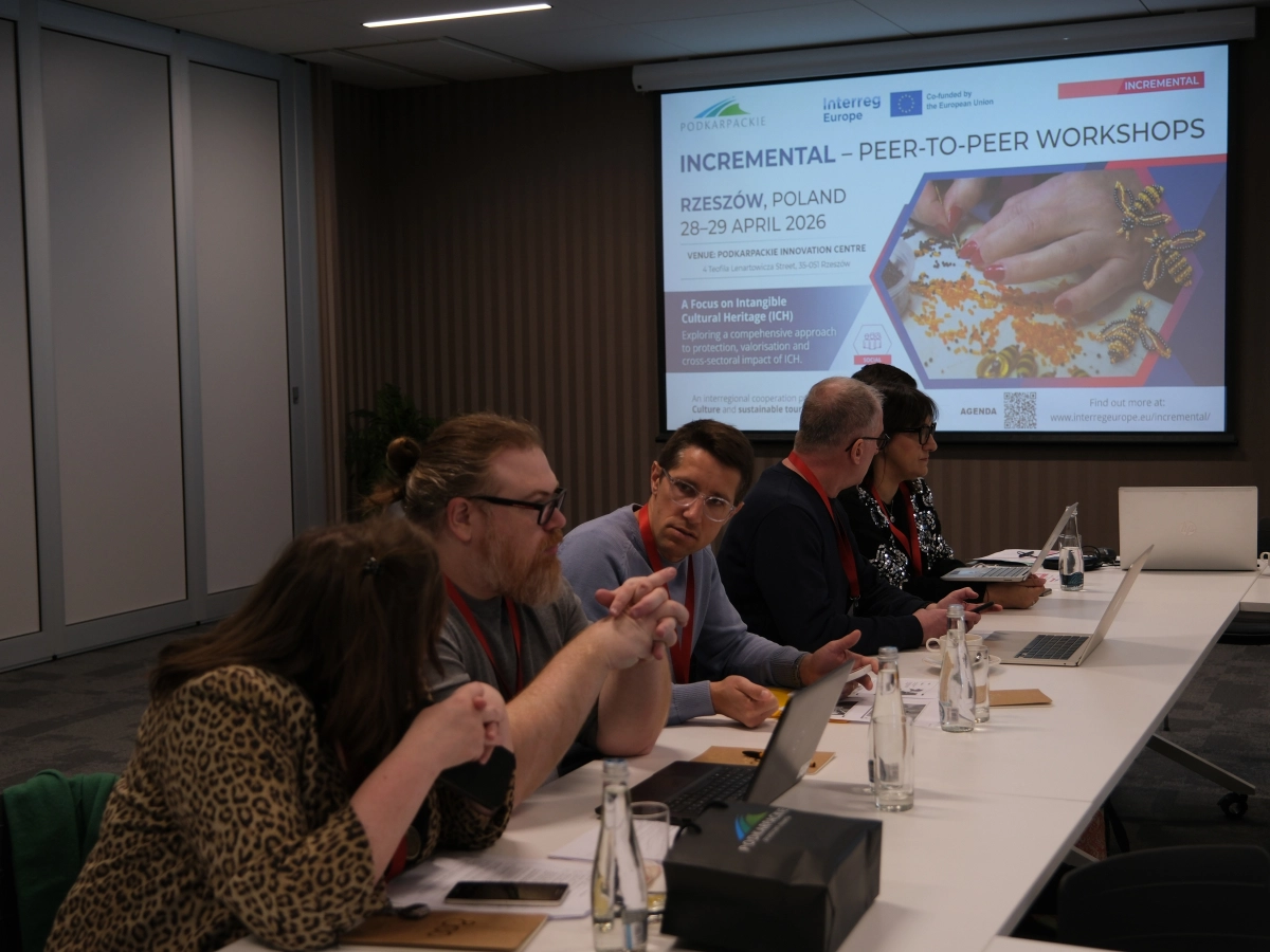 Uczestnicy międzynarodowych warsztatów siedzą przy stole konferencyjnym i rozmawiają podczas spotkania. W tle widoczna prezentacja projektu „Incremental – Peer-to-Peer Workshops” w Rzeszowie.