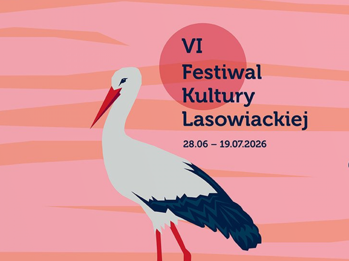 Grafika promujaca Festiwal Lasowiacki. Bocian na różowym tle.